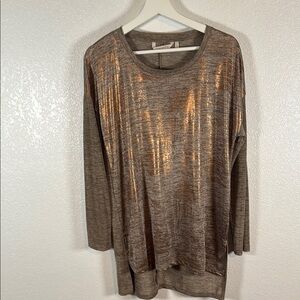 Soft Surroundings Taupe & Copper Metallic Foiled Tunic Top Size Medium